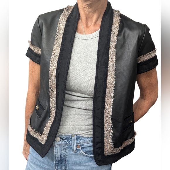BCBG Max Azria Women's Black Leather Open Front Fringe Bikercore Jacket Size S - Picture 1 of 15